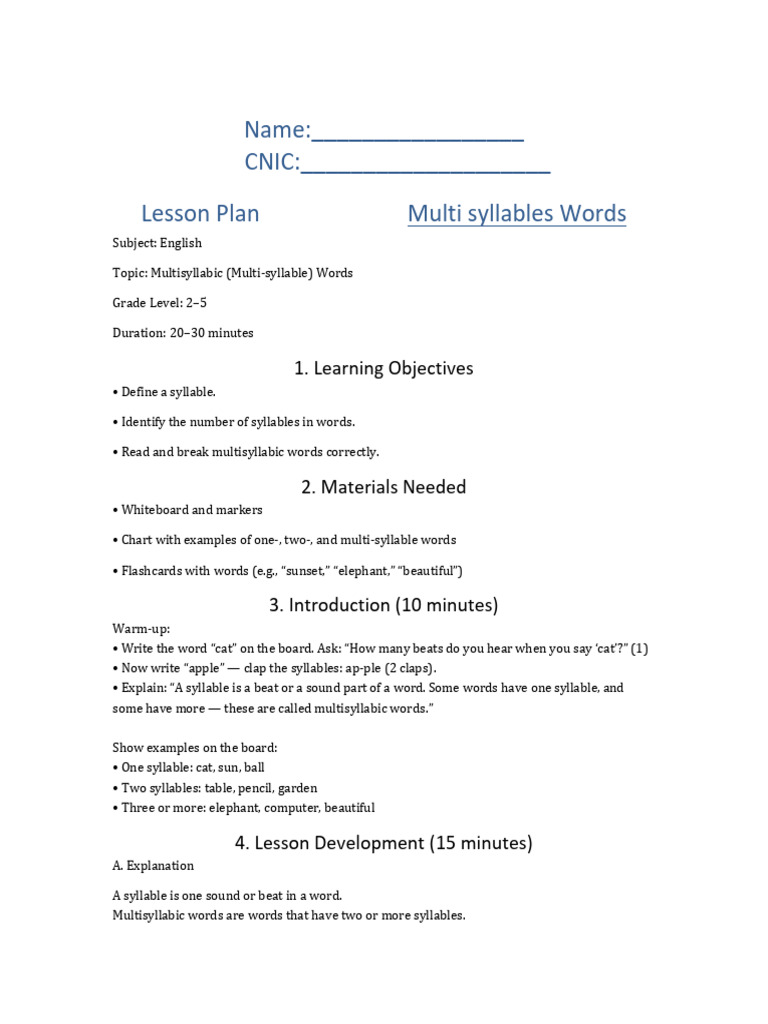 Lesson Plan on Multisyllabic Words | PDF | Syllable | Linguistics