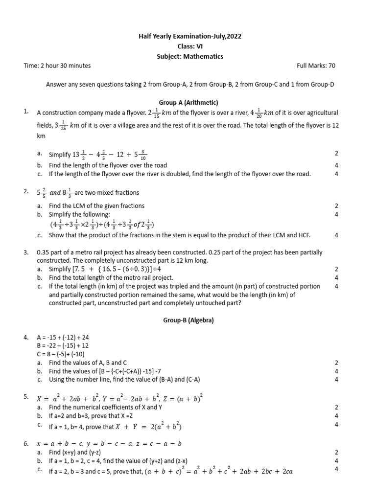 Half Yearly VI Math CQ.docx | PDF | Triangle | Angle