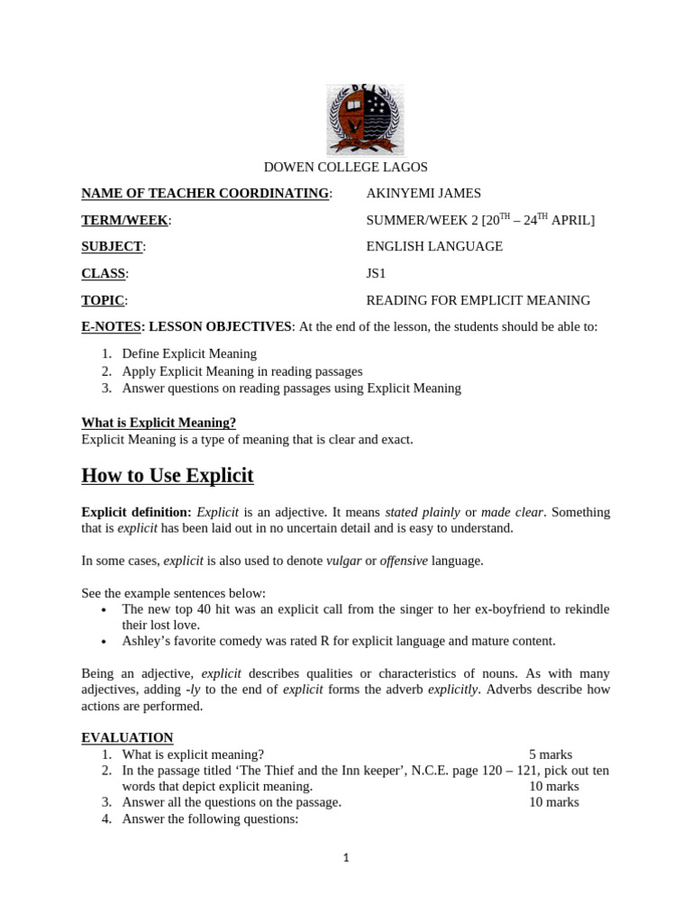 JS1 English: Reading for Explicit Meaning | PDF | Adjective | Adverb
