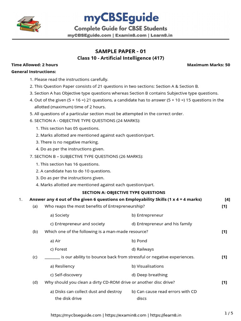 Class 10 AI Sample Paper 01 | PDF | Artificial Intelligence ...