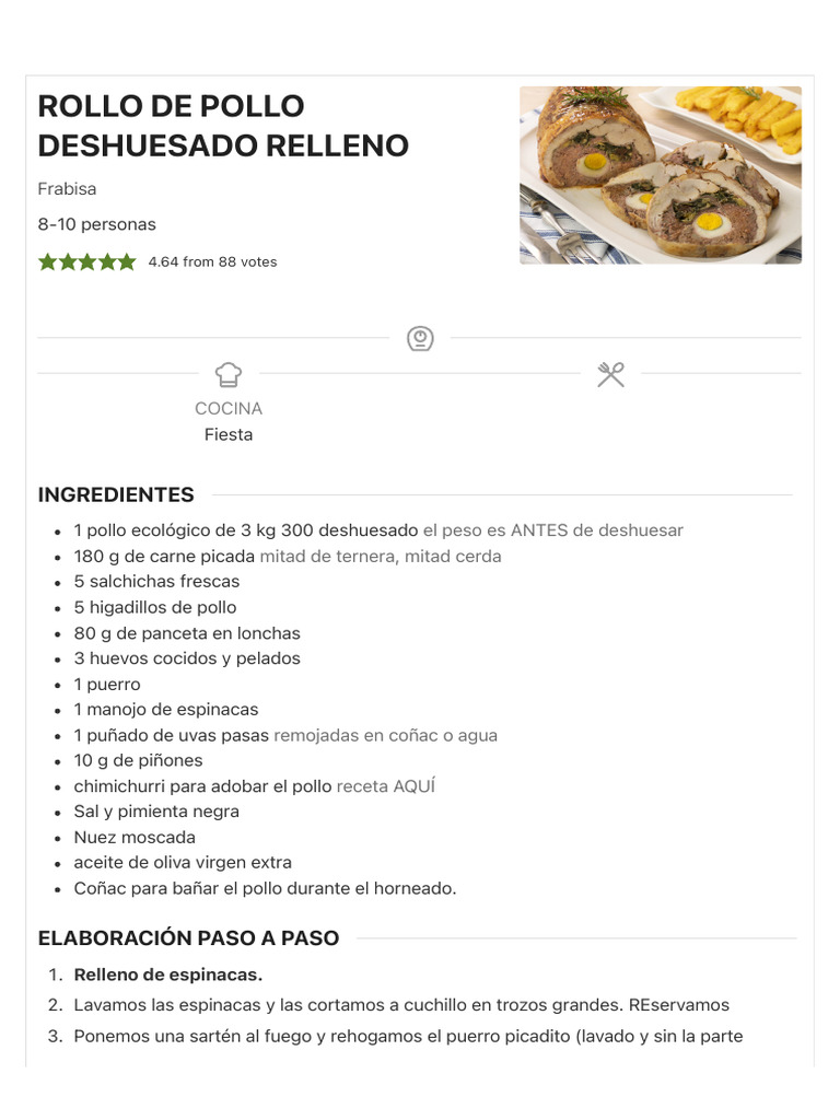 Rollo de Pollo Deshuesado Relleno - La Cocina de | PDF | Relleno | Carne