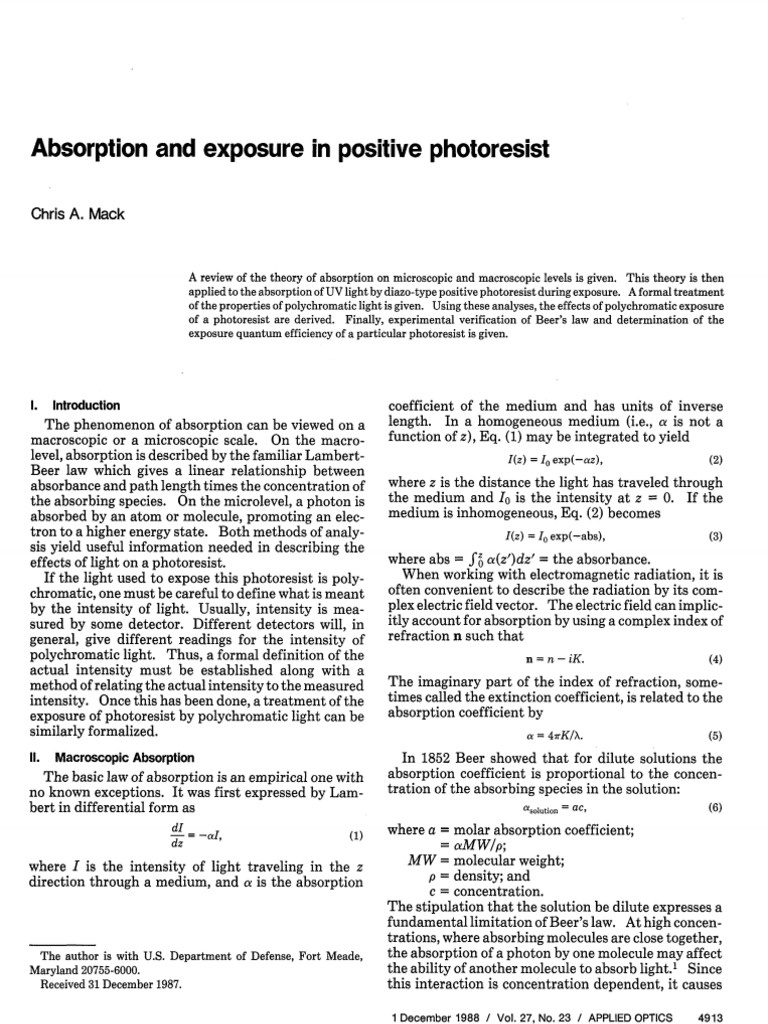 Absorption and Exposure in Positive Photoresist PDF Refractive