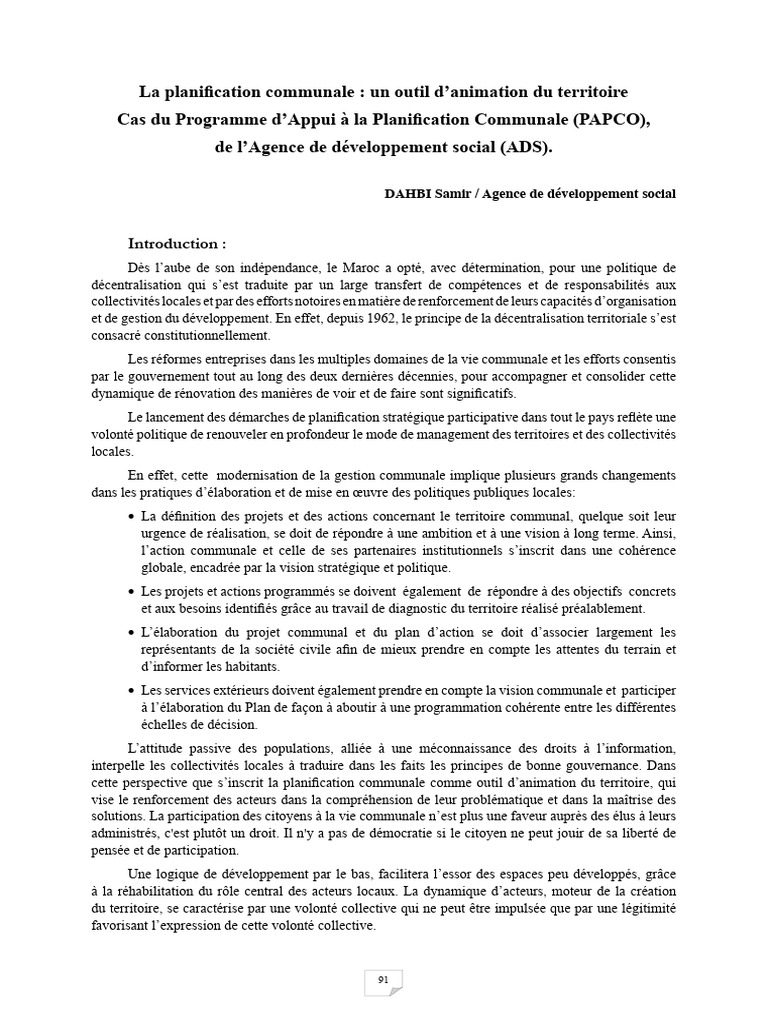 Planification Communale au Maroc : PAPCO | PDF | Planification ...