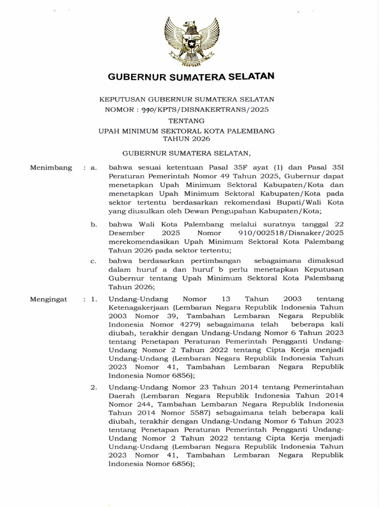 SK Umsk Palembang Tahun 2026 | PDF
