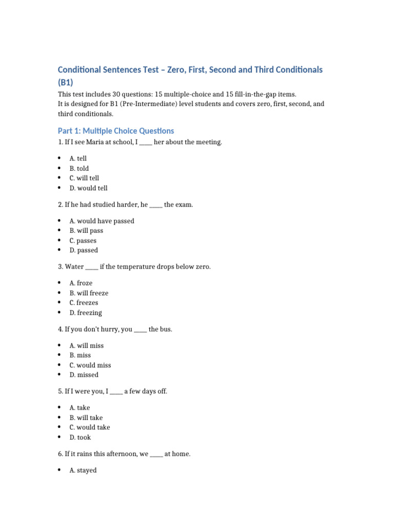 Conditional Sentences Test B1 | PDF | Chess Openings | Chess Theory
