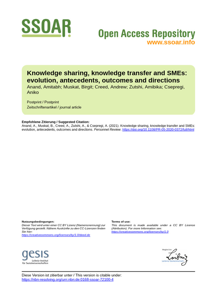Knowledge Sharing, Knowledge Transfer and SMEs Evolution, Antecedents ...