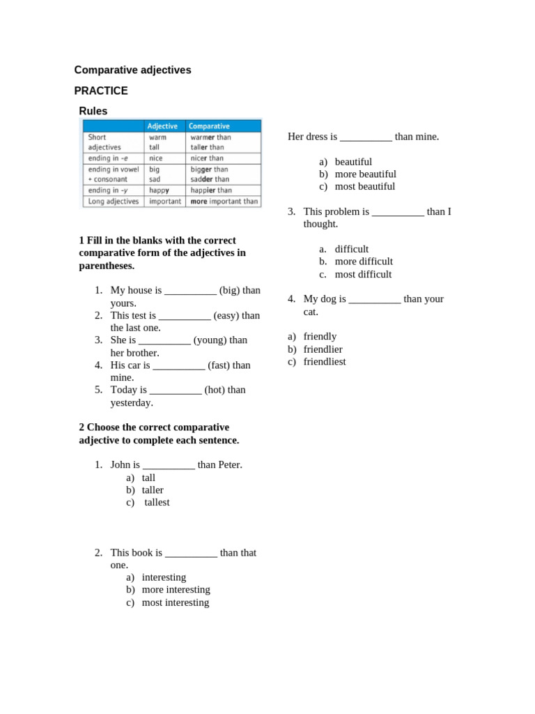 Comparative Adjectives Practice Exercises | PDF