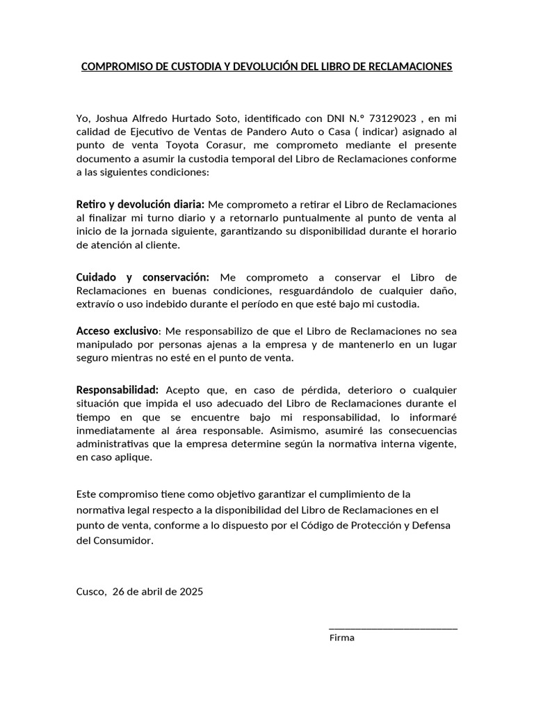 Compromiso de Custodia y Devolución Del Libro de Reclamacione Final ...