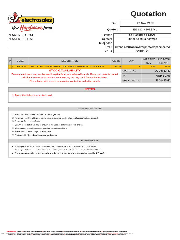ZESA Enterprise Quotation for LED Lamps | PDF | United States Dollar ...