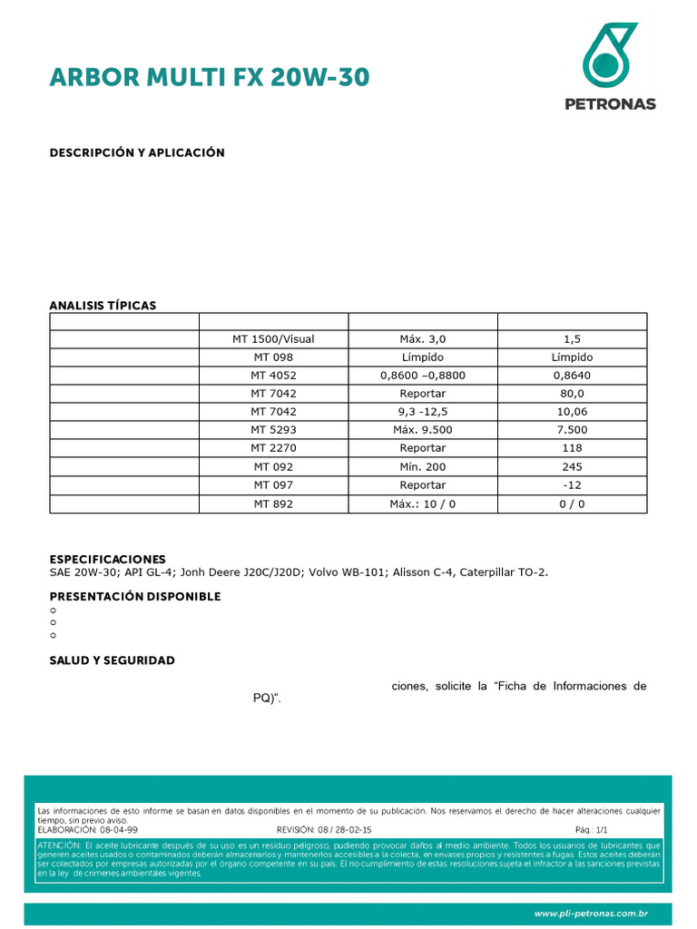 Petronas Arbor Multi FX 20w30 - Esp | PDF | Aceites | Materia suave