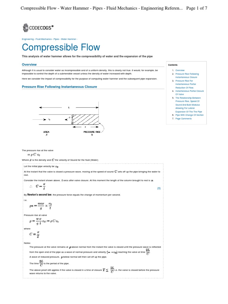 Compressible Flow Water Hammer PDF Fluid Dynamics Pressure