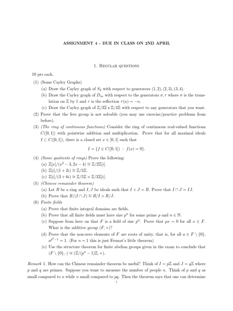 Assignment 4 (1) | PDF | Group (Mathematics) | Field (Mathematics)