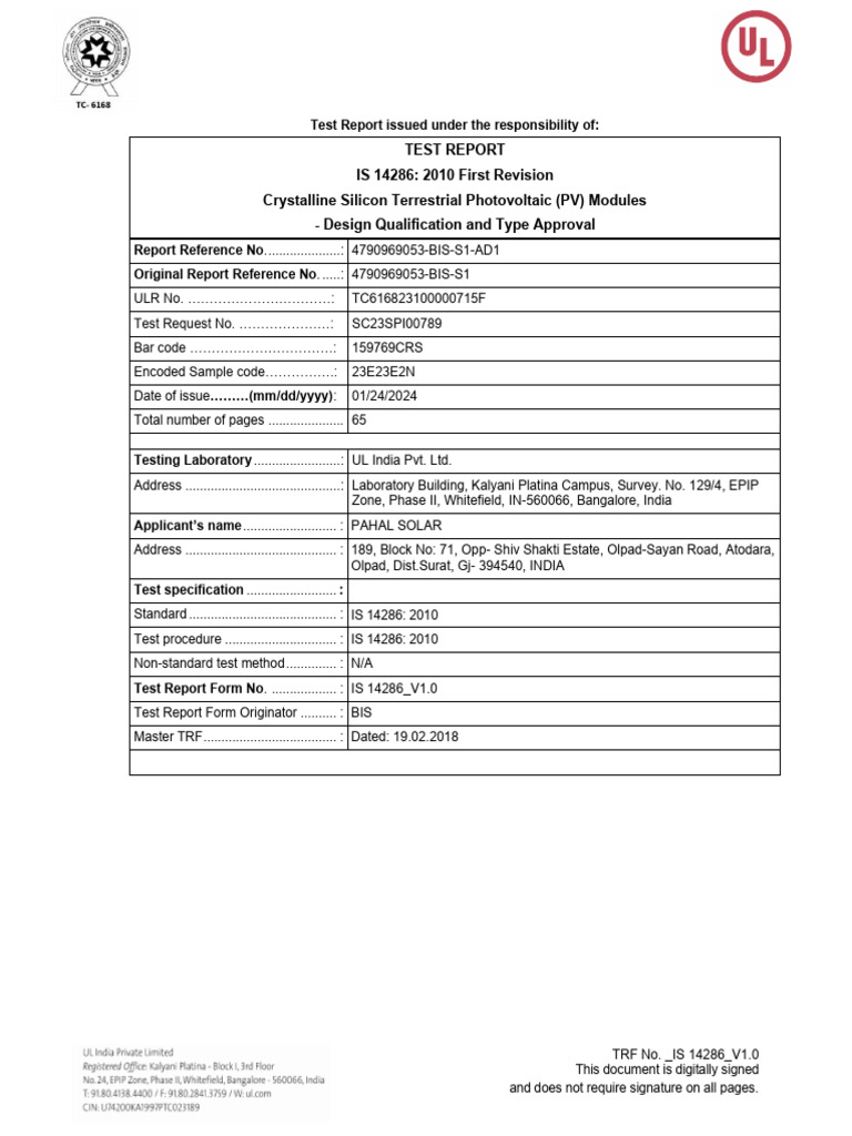 IS 14286 Test Report for PV Modules | PDF | Photovoltaics | Renewable ...