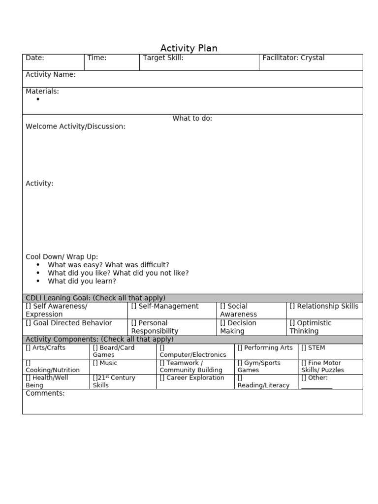 Activity Plan Template for Skill Development | PDF