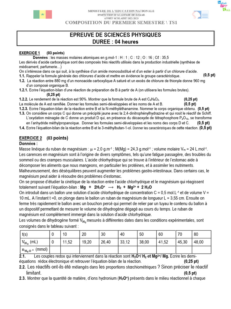 Épreuve de Sciences Physiques : Exemples et Exercices | PDF | Magnésium ...
