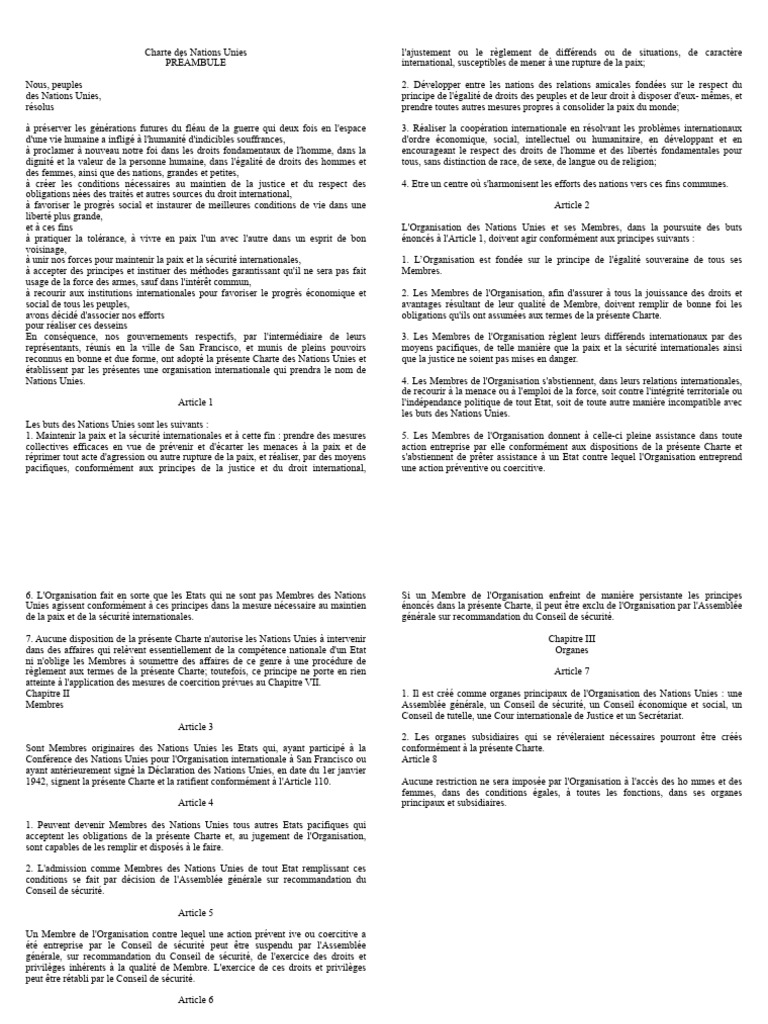 Charte des Nations Unies : Principes et Objectifs | PDF | Nations unies ...