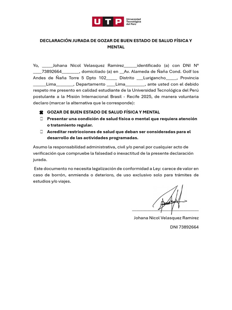 Declaración Jurada de Salud Física y Mental | PDF
