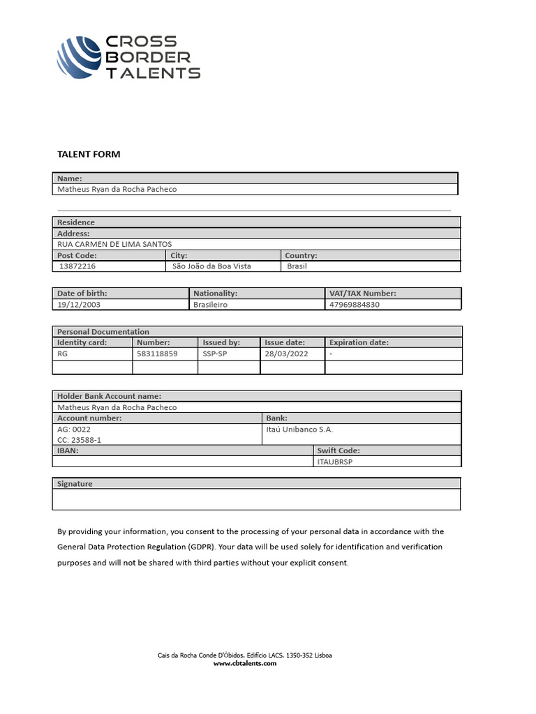 Talent Form for Matheus Pacheco | PDF