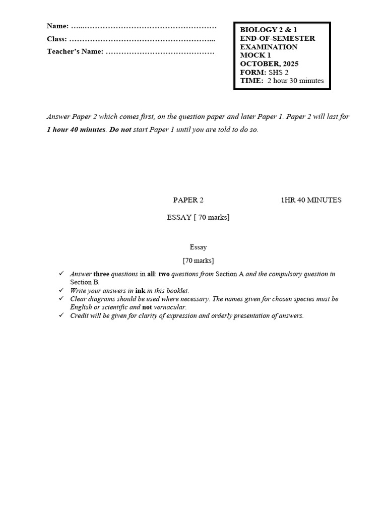 Biology SHS 2 Mock Exam Paper 2 | PDF | Ploidy | Genetic Code