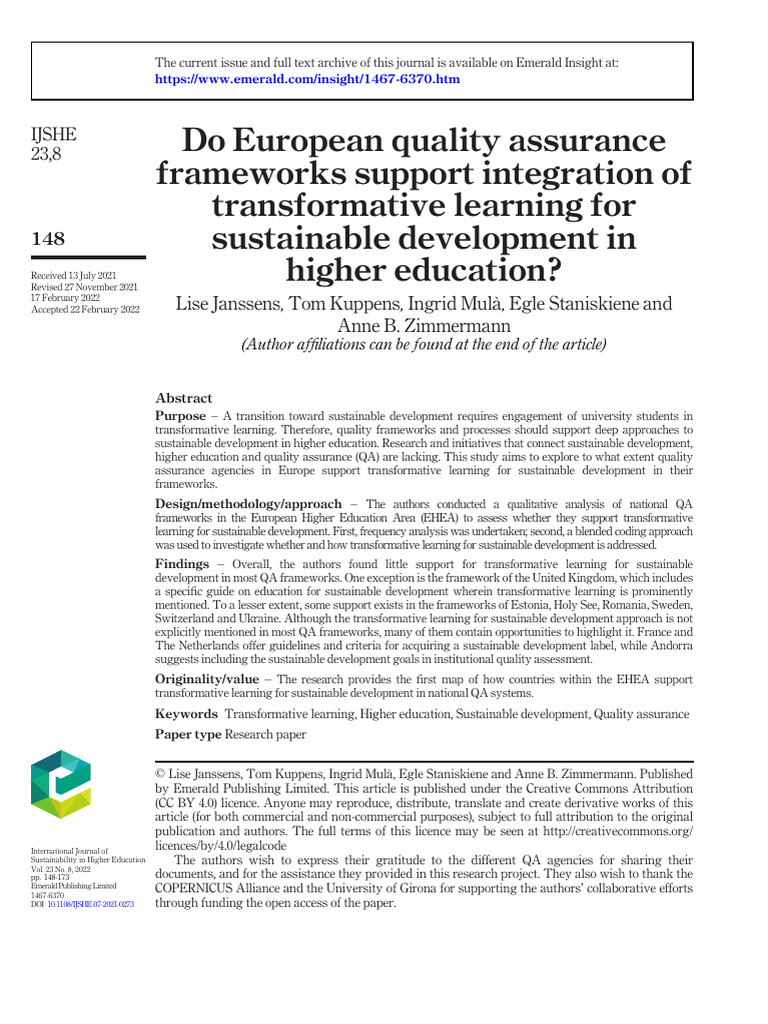 European QA Frameworks for Transformative Learning | PDF ...