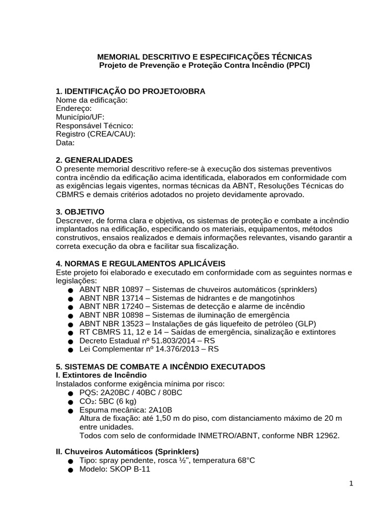 Memorial Descritivo PPCI: Sistemas de Incêndio | PDF