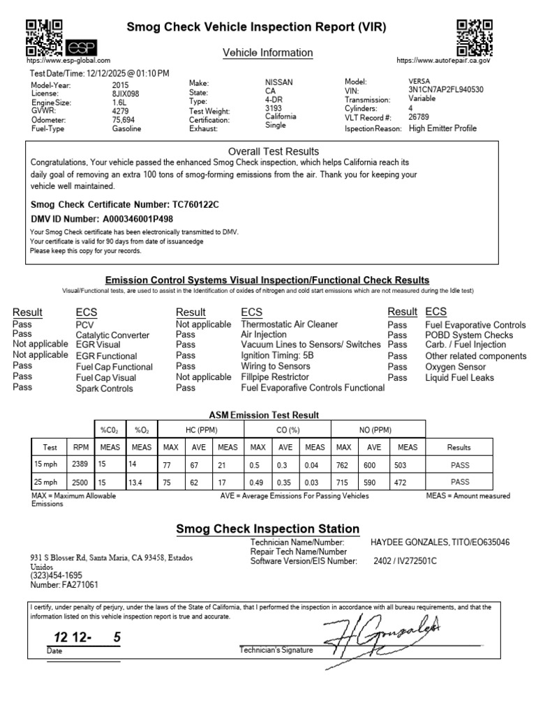 Smog Check Inspection Report for Nissan | PDF | Vehicles | Vehicle ...