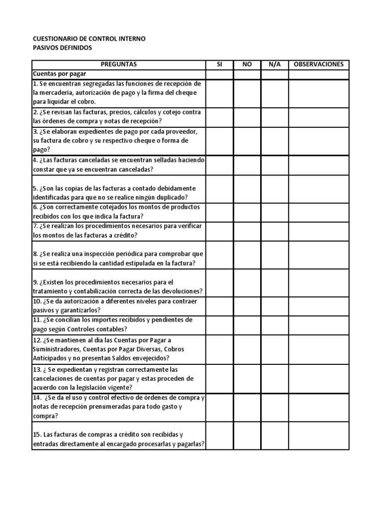 Cuestionario de Control Interno de Cuentas por Pagar | PDF | Factura ...