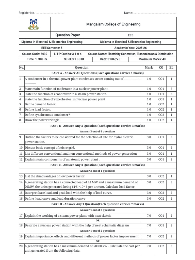 EEE Diploma Exam: Electricity Generation | PDF | Boiler | Nuclear Reactor