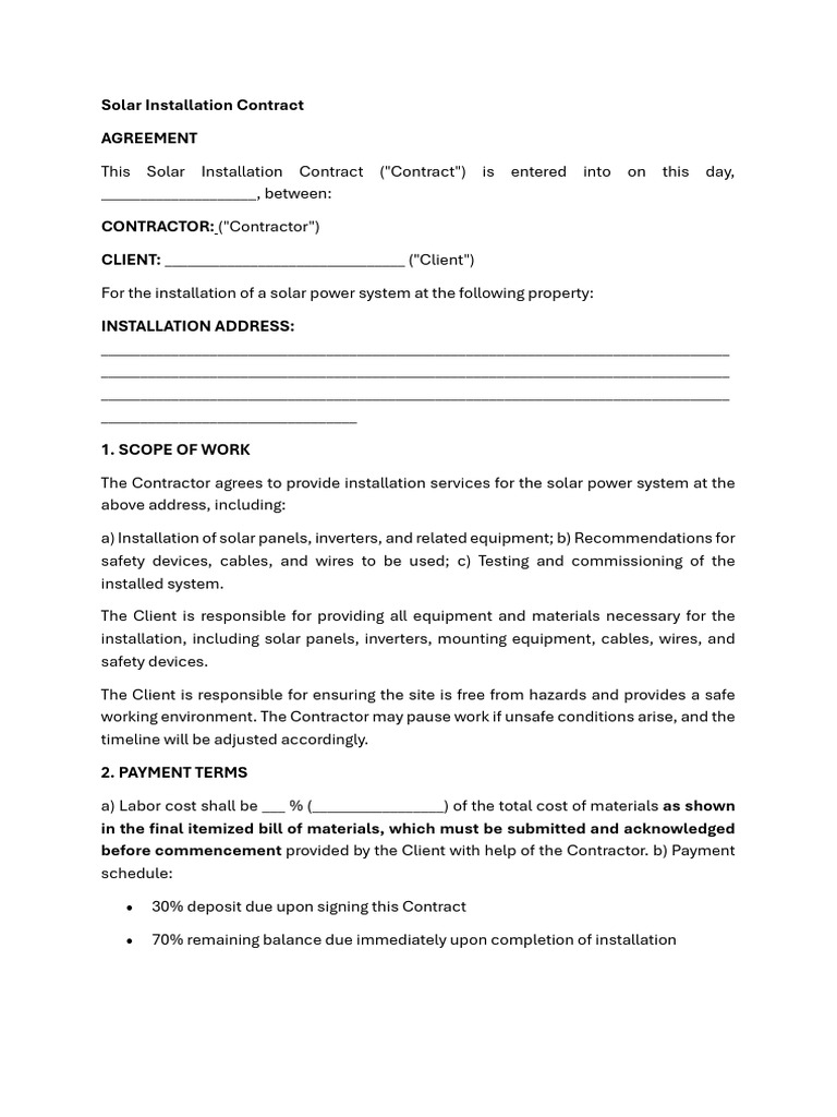 Solar Installation Contract Agreement | PDF | Indemnity | Employment