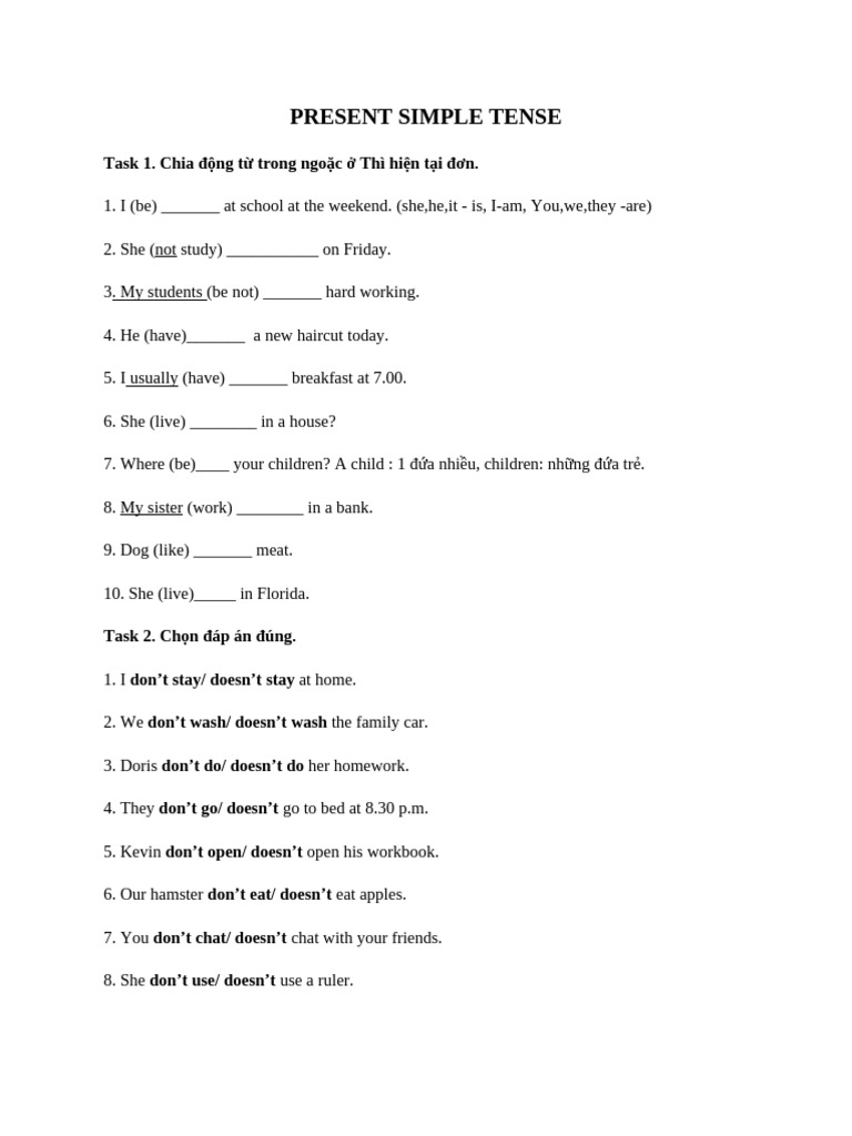 Present Simple Tense Exercises | PDF