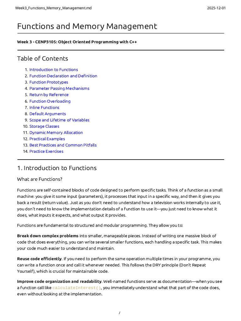 Functions and Memory Management in C++ | PDF | Parameter (Computer ...