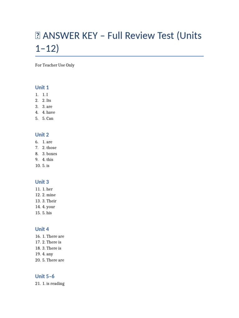 Full Review Test Answer Key (Units 1-12) | PDF