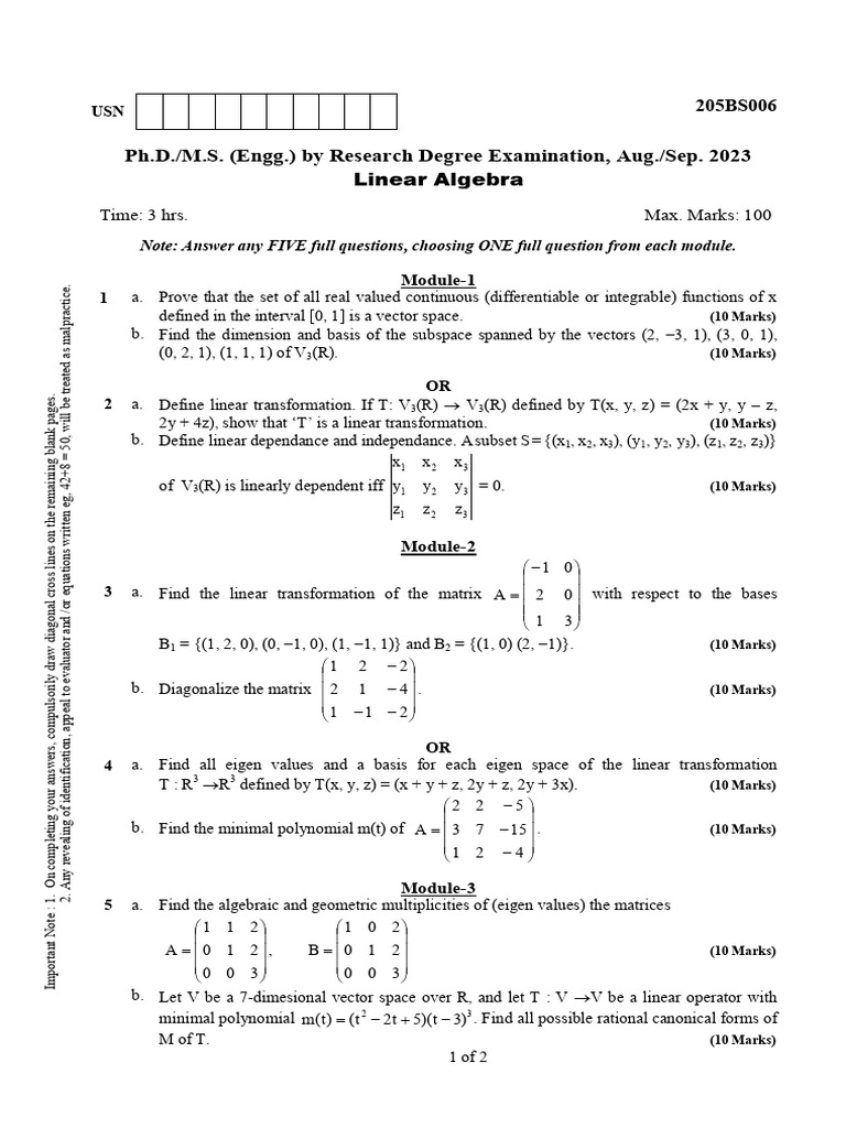 Linear Algebra Exam Questions 2023 | PDF | Eigenvalues And Eigenvectors ...