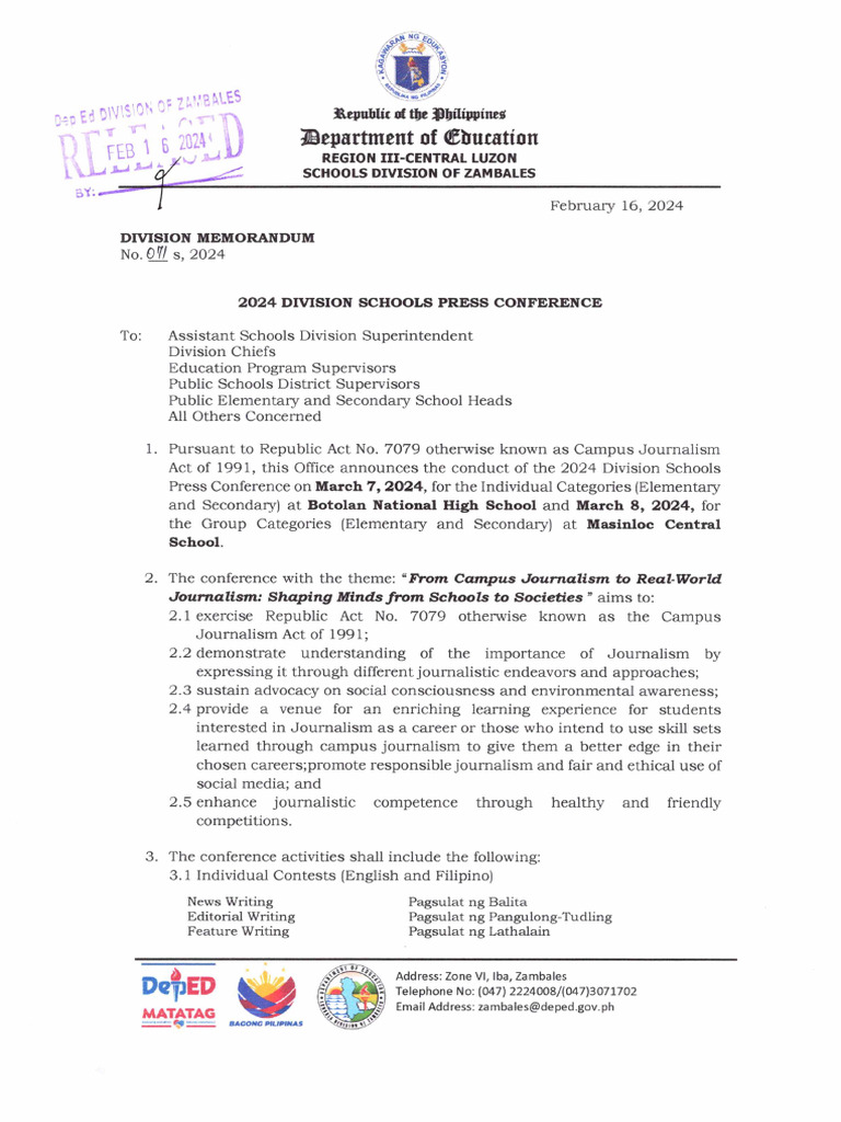 DM No. 071 s. 2024 2024 Division Schools Press Conference | PDF