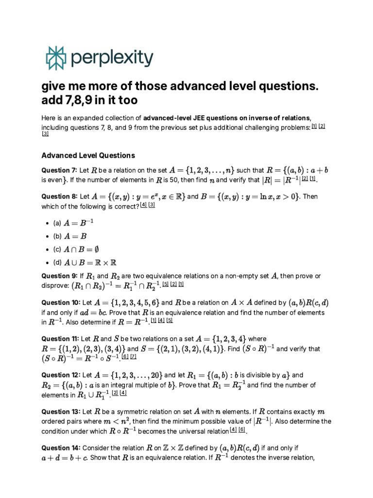 Advanced JEE Questions on Inverse Relations | PDF | Set (Mathematics ...