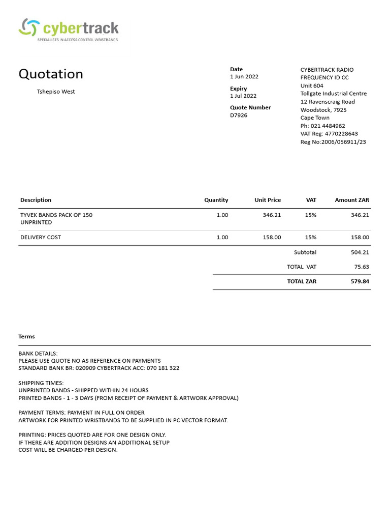 Quotation for Tyvek Bands Order | PDF