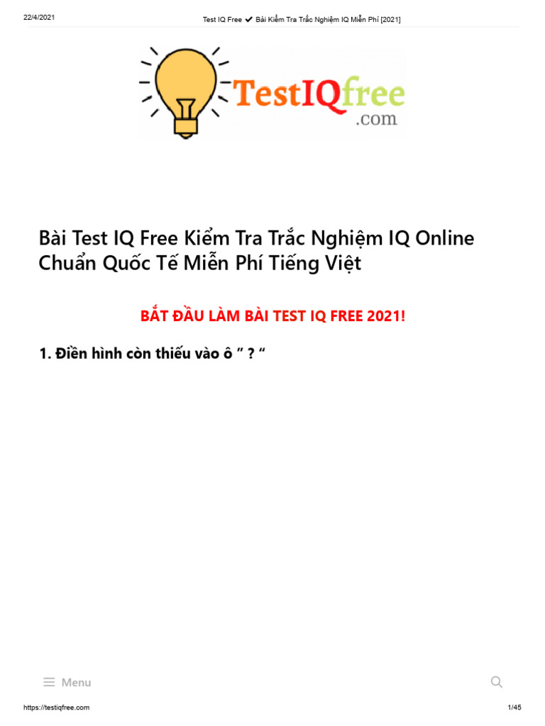 Test IQ Free ️ Bài Kiểm Tra Trắc Nghiệm IQ Miễn Phí (2021) | PDF