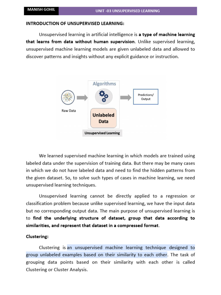 Unit- 03 Introduction of Unsupervised Learning | PDF | Cluster Analysis ...