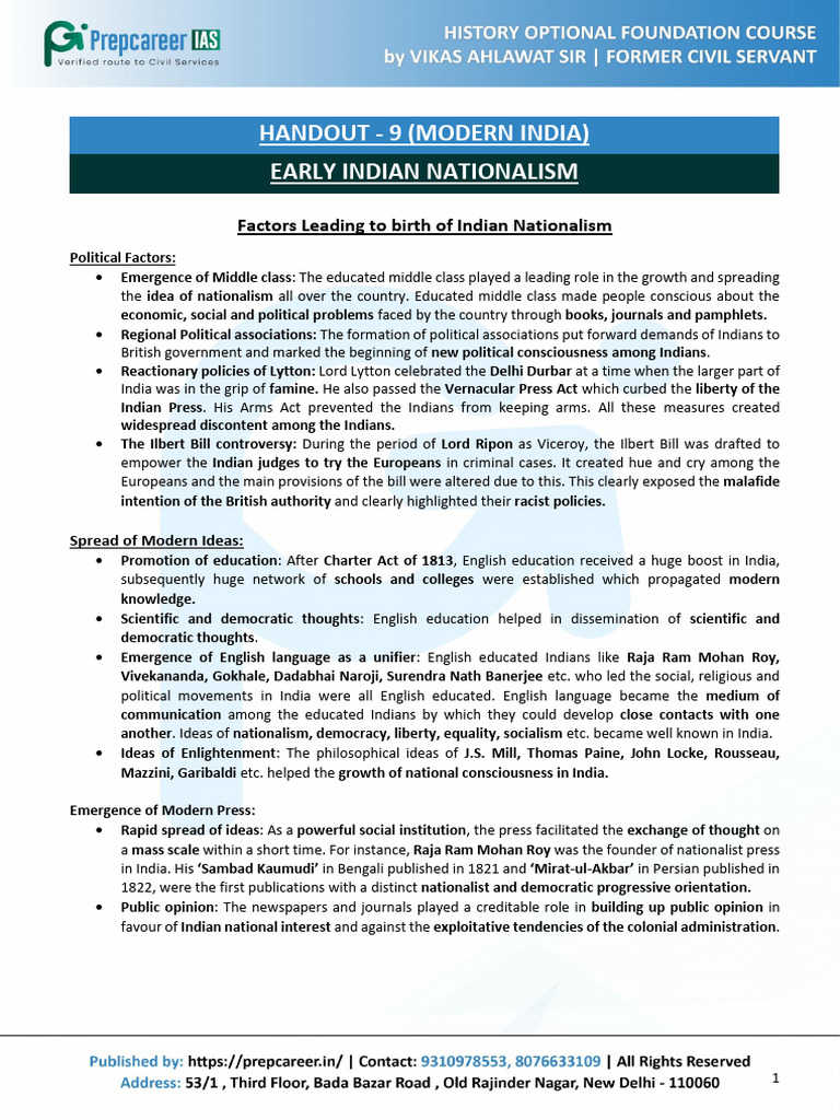 Handout 9 (Early Indian Nationalism) | PDF | Indian National Congress