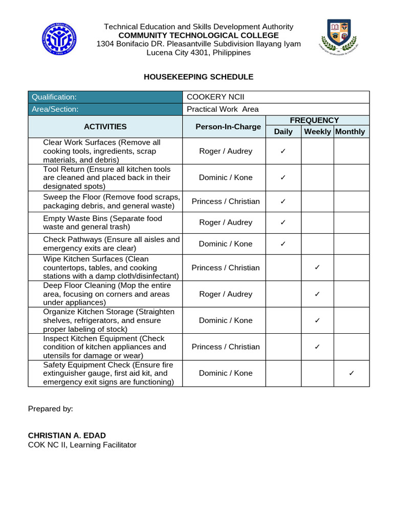 3-4. Housekeeping Schedule and Housekeeping Inspection Checklist | PDF ...