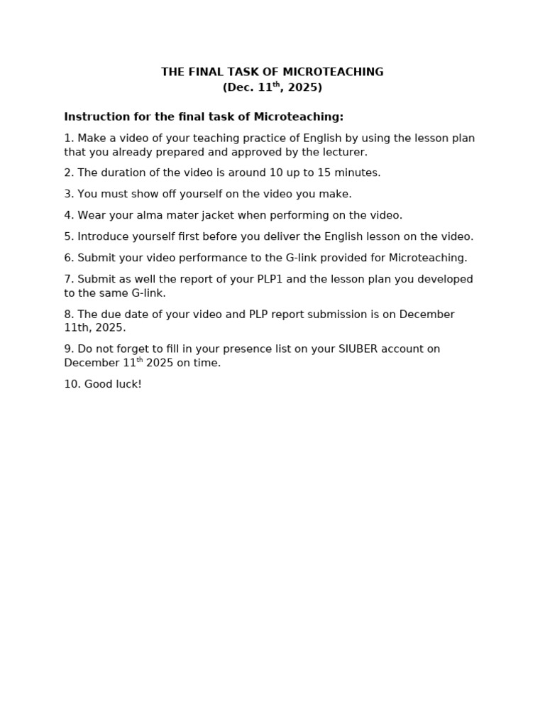 Microteaching Final Task Instructions | PDF