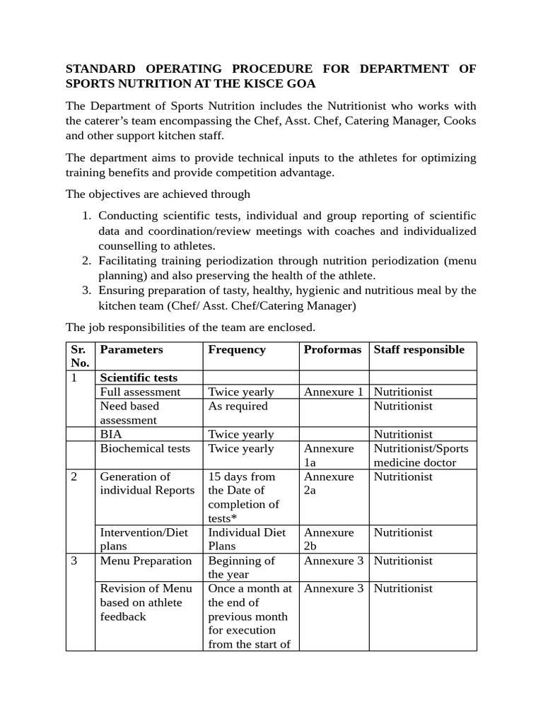 Sports Nutrition SOP for KISCE Goa | PDF | Nutrients | Hygiene