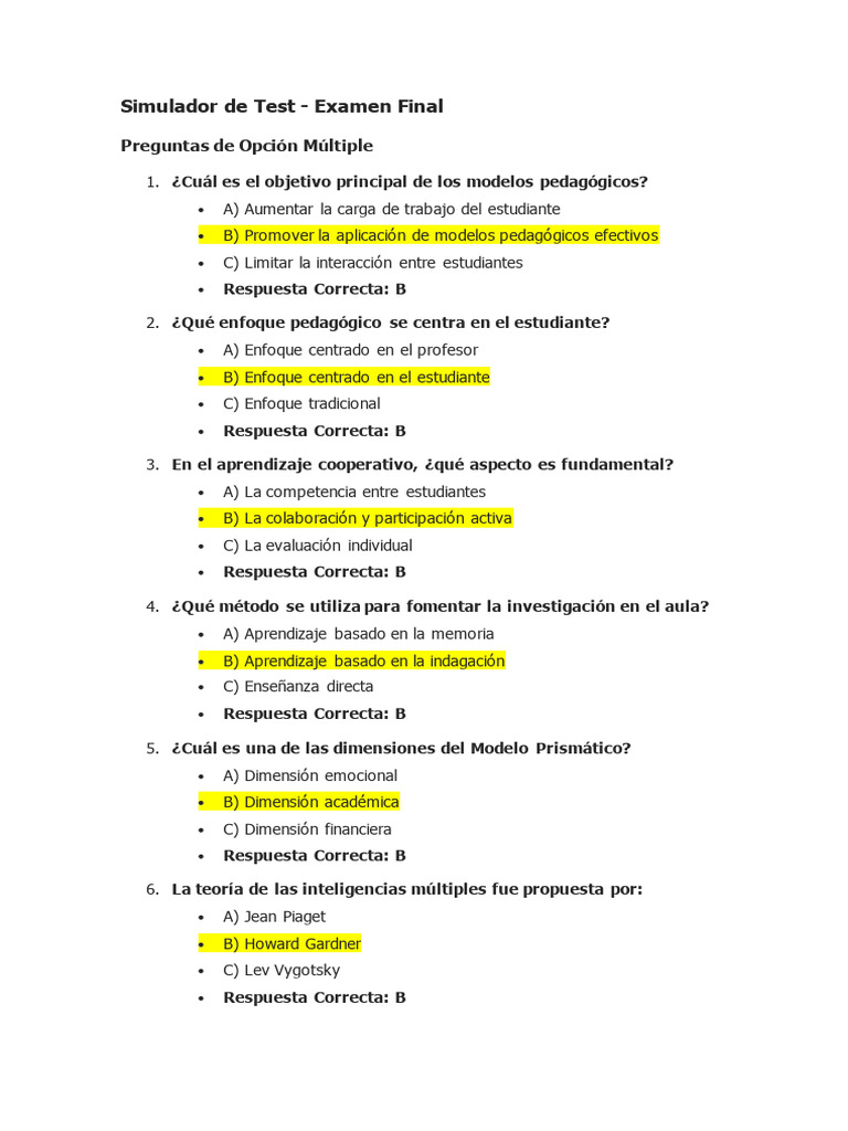Simulador de Test: Modelos Pedagógicos | PDF | Enseñando | Aprendizaje