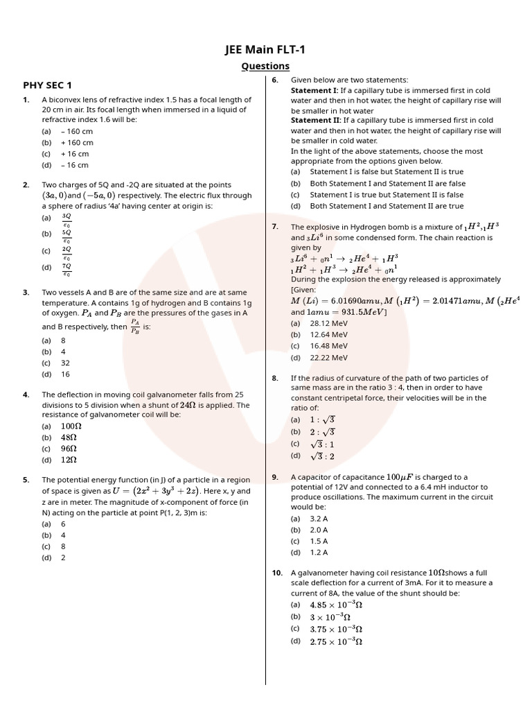 JEE Main Physics and Chemistry Questions | PDF | Chemical Reactions ...