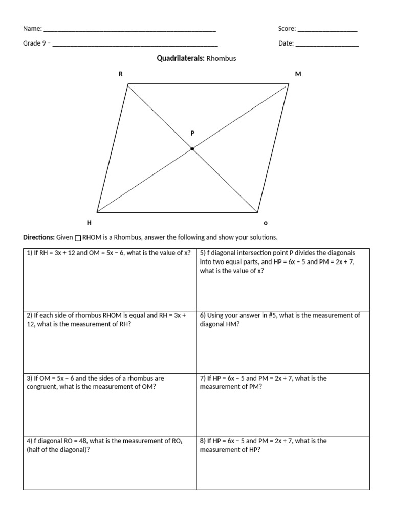 Rhombus Geometry Problem Set | PDF