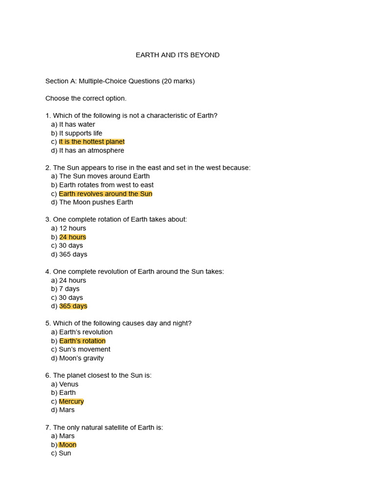 Earth Science Quiz: MCQs & Short Answers | PDF | Planets | Moon