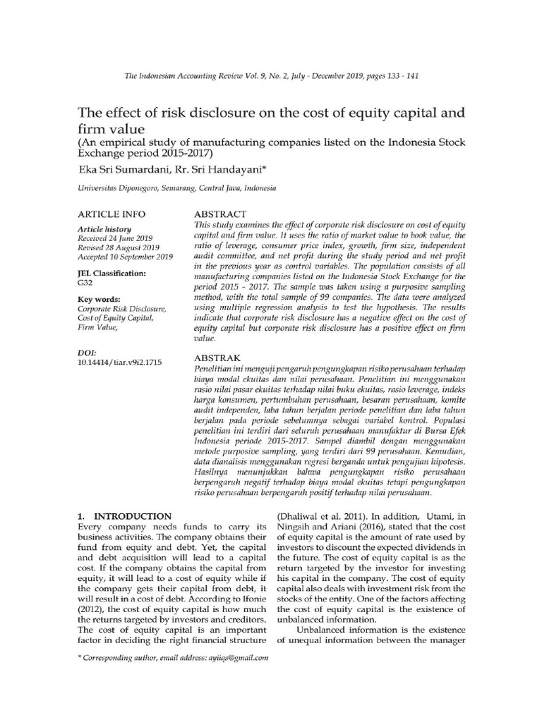 The Effect of Risk Disclosure On The Cost of Equity Capital and Firm ...