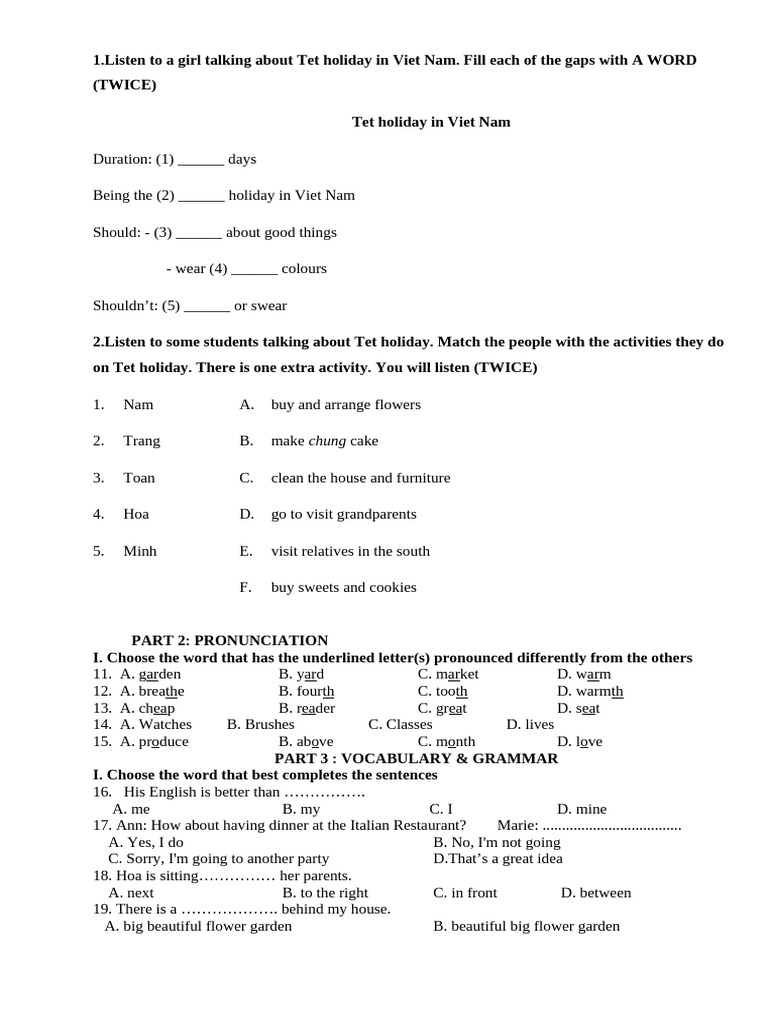 Tet Holiday Activities and Language Practice | PDF