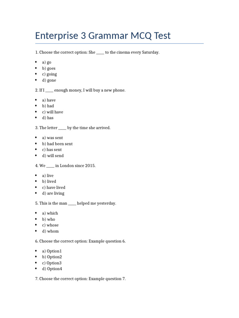 Enterprise 3 Grammar MCQ Test | PDF | Chess Theory | Chess
