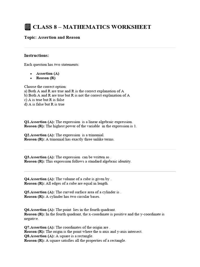 Class 8 Math: Assertion and Reasoning | PDF
